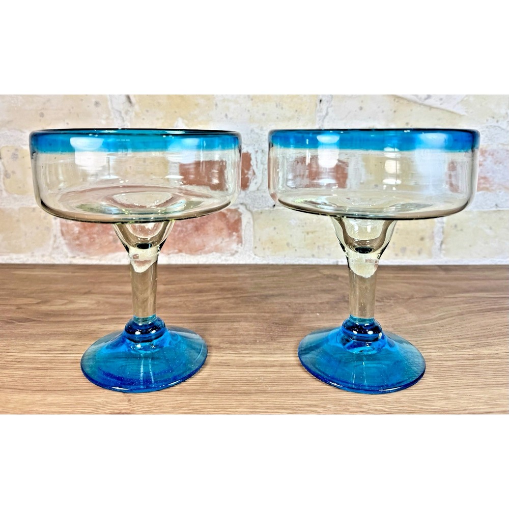 Mexican Hand Blown Blue Rim Margarita Glasses Coupe Stemware Artisan Set